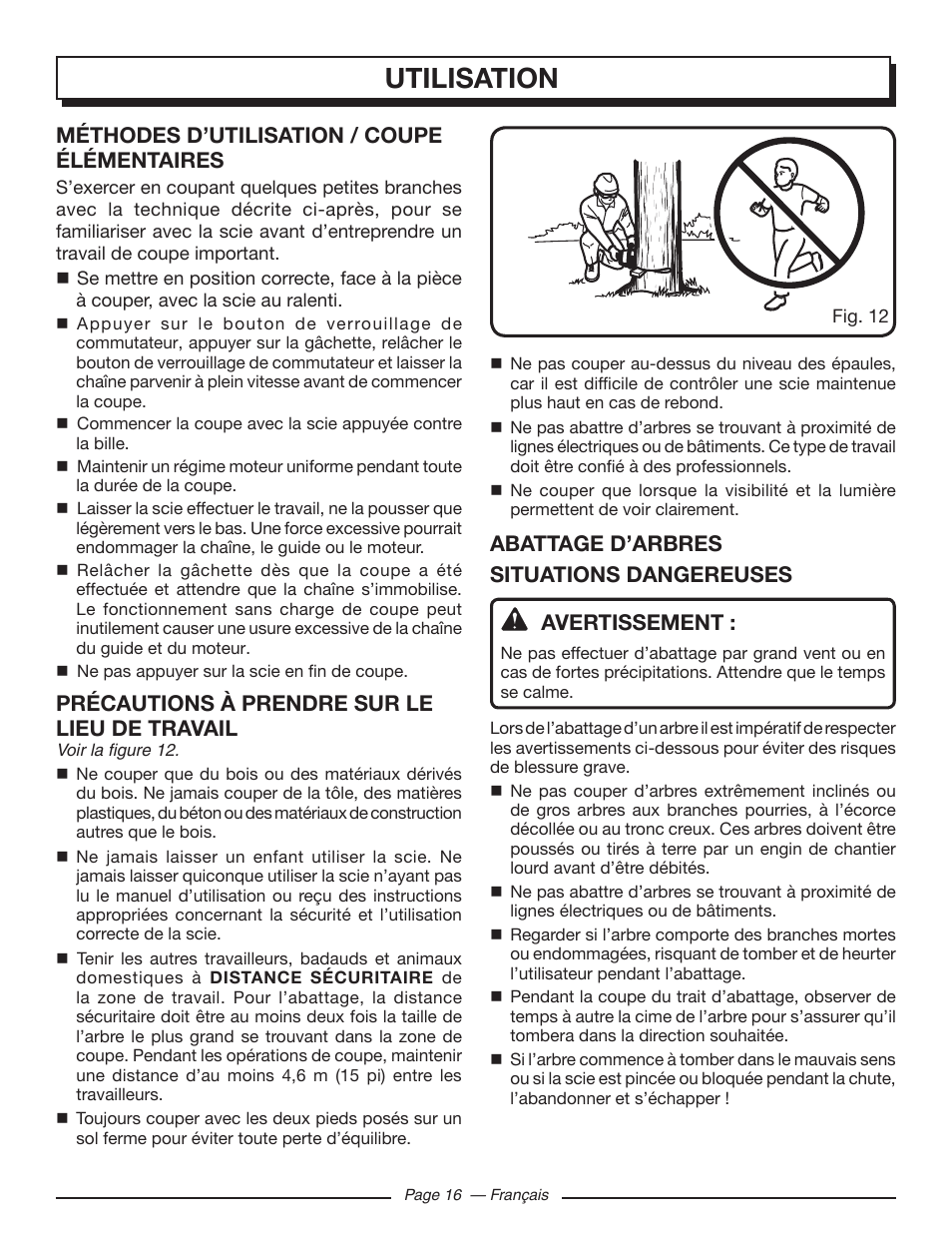 Utilisation, Méthodes d’utilisation / coupe élémentaires, Précautions à prendre sur le lieu de travail | Homelite UT43103 User Manual | Page 46 / 92