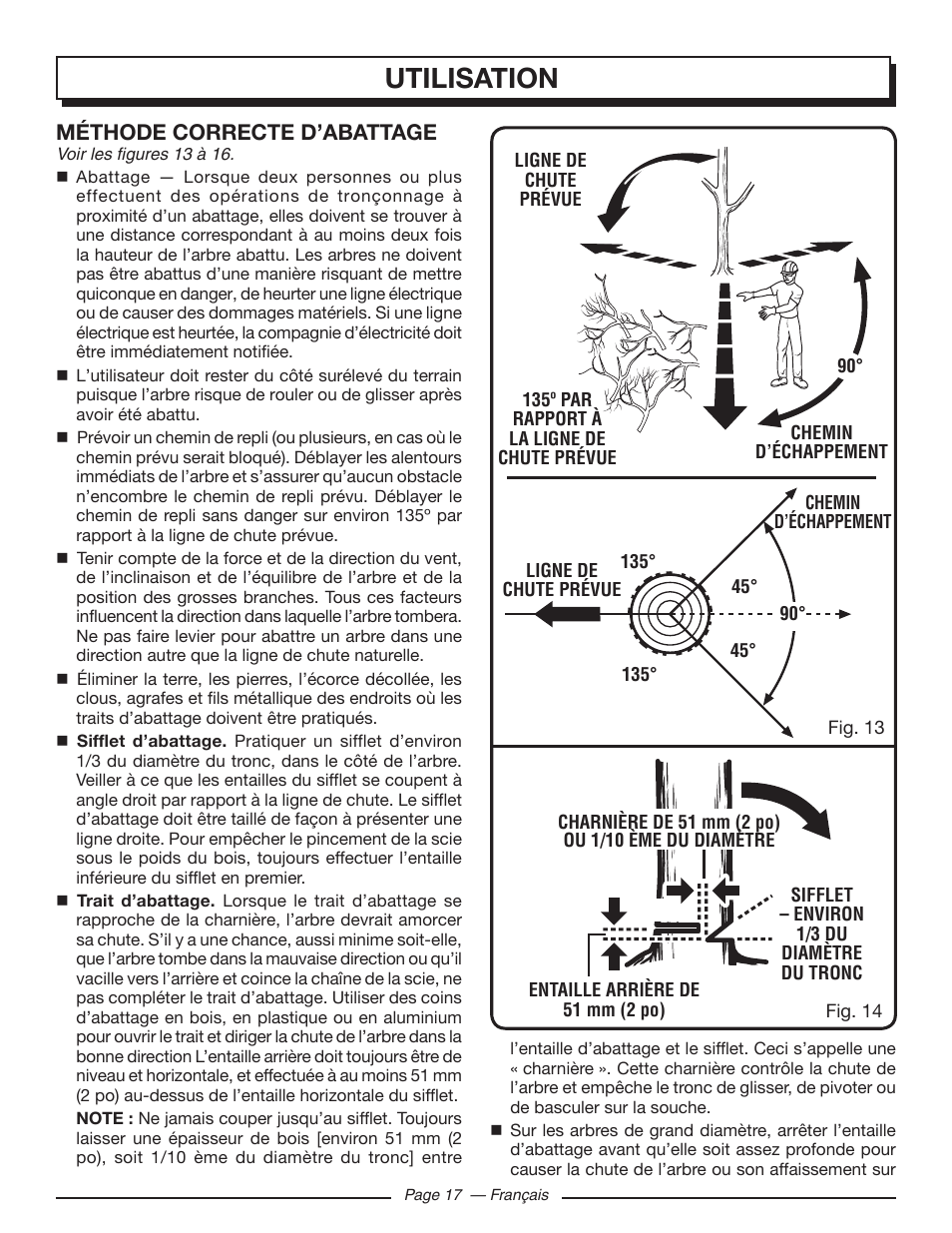 Utilisation, Méthode correcte d’abattage | Homelite UT43103 User Manual | Page 47 / 92