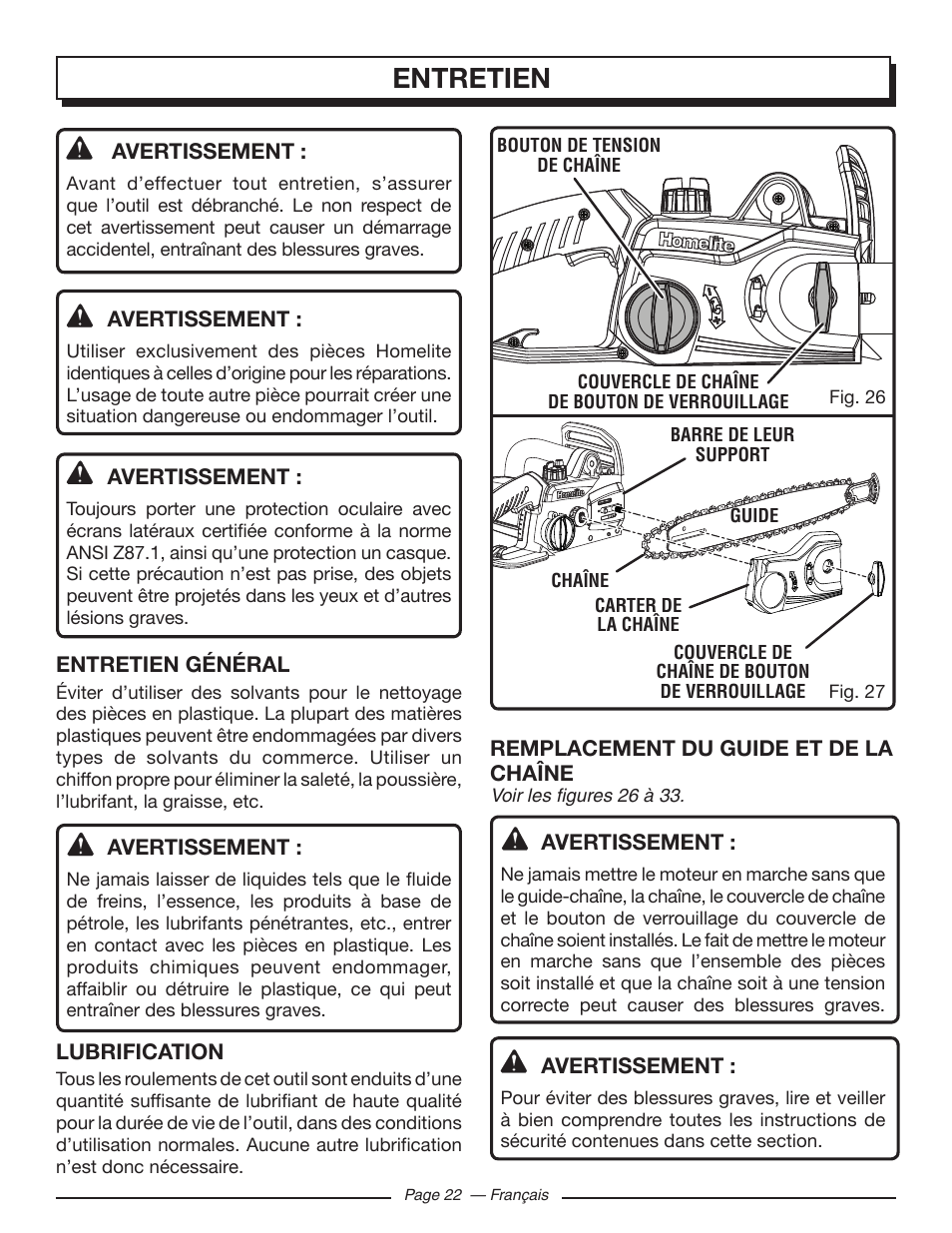 Entretien | Homelite UT43103 User Manual | Page 52 / 92