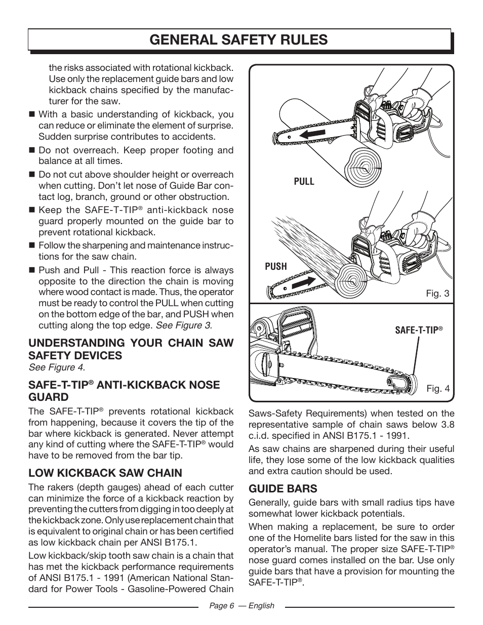 General safety rules, Understanding your chain saw safety devices, Safe-t-tip | Anti-kickback nose guard, Low kickback saw chain, Guide bars | Homelite UT43103 User Manual | Page 6 / 92