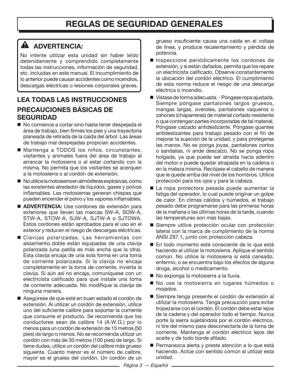 Reglas de seguridad generales, Advertencia | Homelite UT43103 User Manual | Page 62 / 92