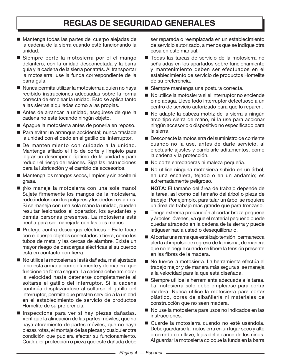 Reglas de seguridad generales | Homelite UT43103 User Manual | Page 63 / 92