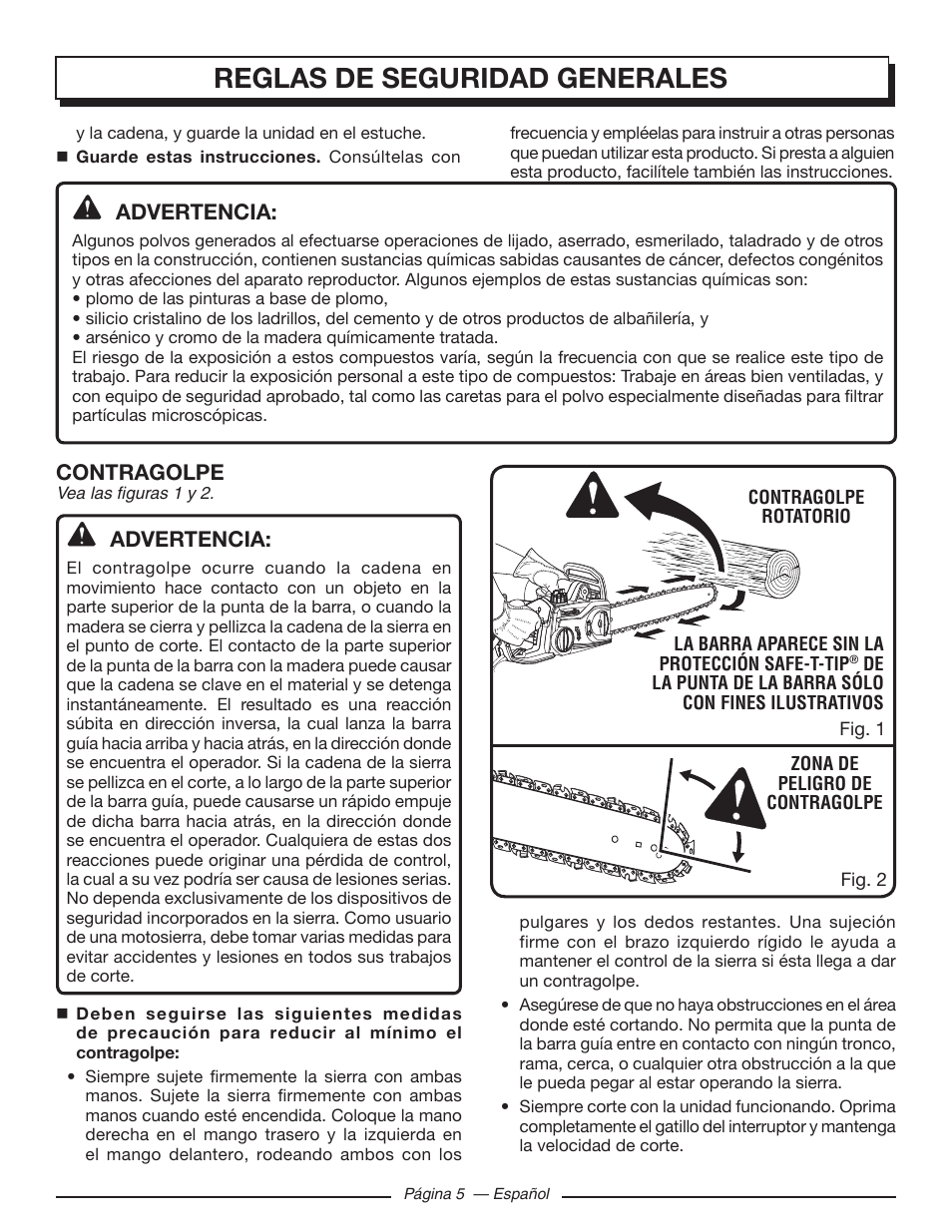 Reglas de seguridad generales, Advertencia, Contragolpe | Homelite UT43103 User Manual | Page 64 / 92