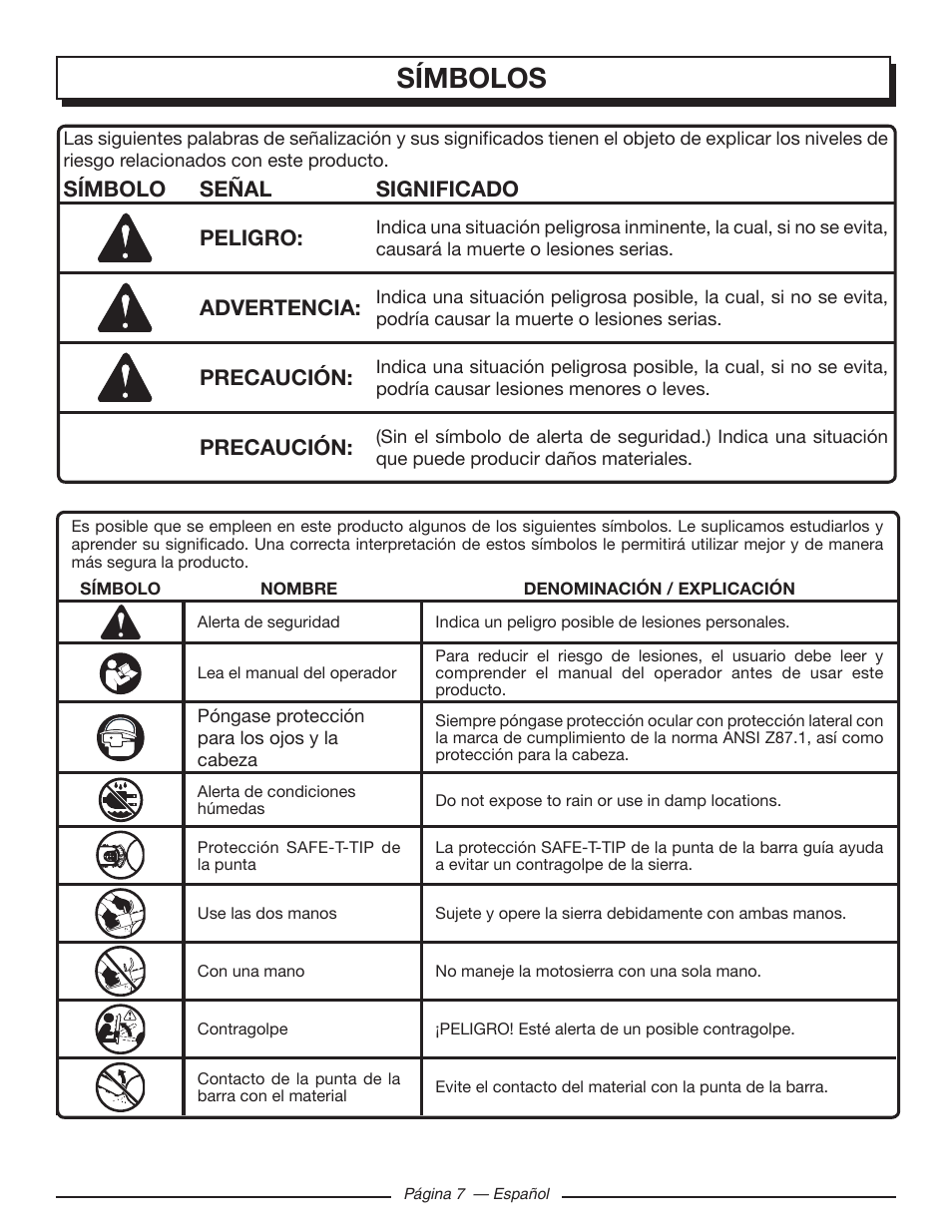 Símbolos, Símbolo señal significado peligro, Advertencia | Precaución | Homelite UT43103 User Manual | Page 66 / 92