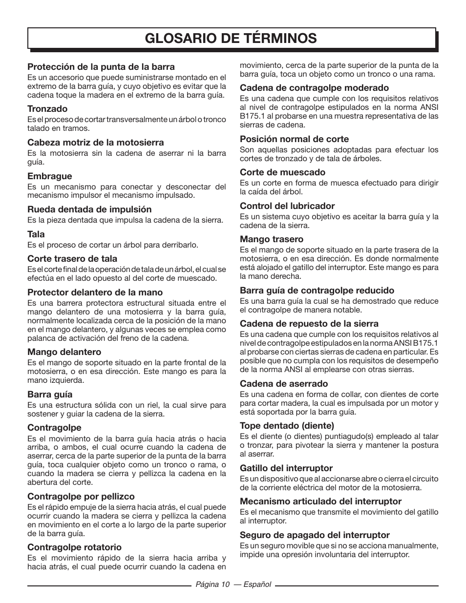 Glosario de términos | Homelite UT43103 User Manual | Page 69 / 92