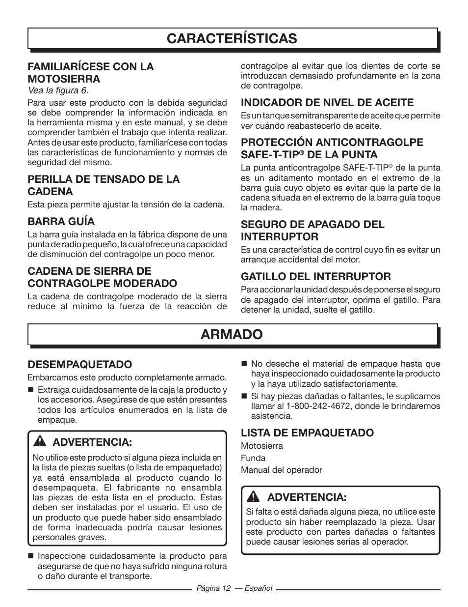 Características, Armado | Homelite UT43103 User Manual | Page 71 / 92