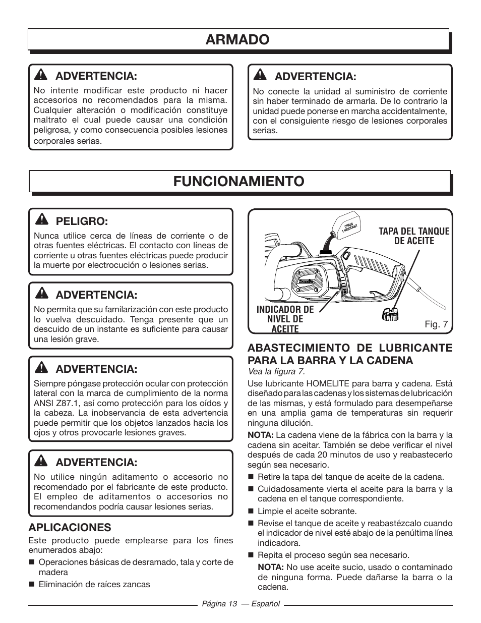 Armado, Funcionamiento, Advertencia | Peligro, Aplicaciones | Homelite UT43103 User Manual | Page 72 / 92
