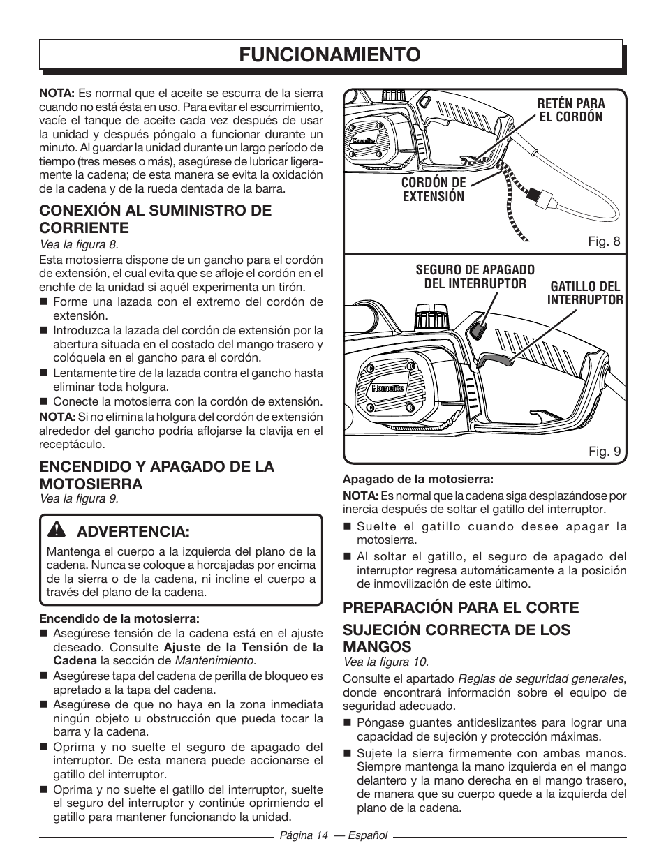 Funcionamiento, Conexión al suministro de corriente, Encendido y apagado de la motosierra | Advertencia | Homelite UT43103 User Manual | Page 73 / 92