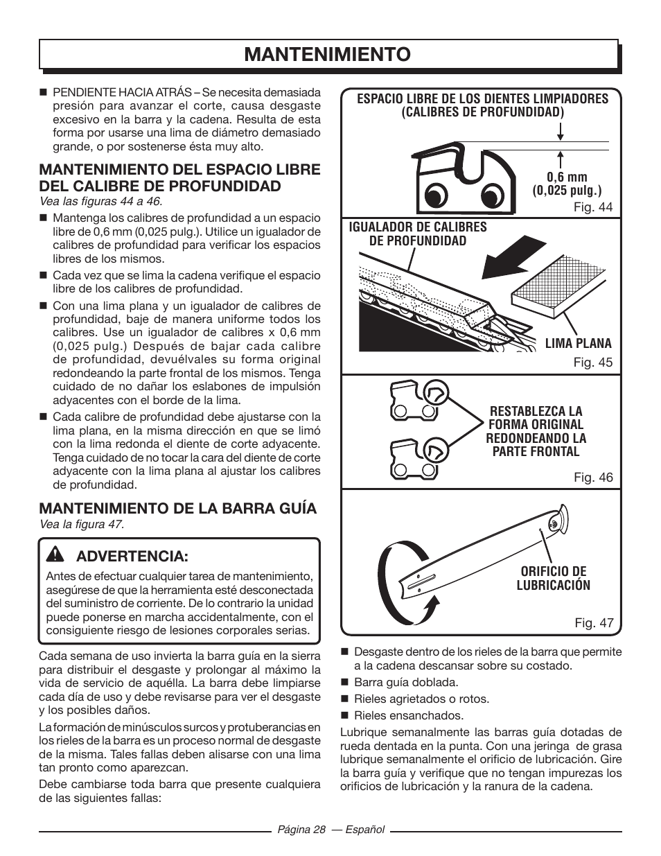 Mantenimiento, Mantenimiento de la barra guía, Advertencia | Homelite UT43103 User Manual | Page 87 / 92