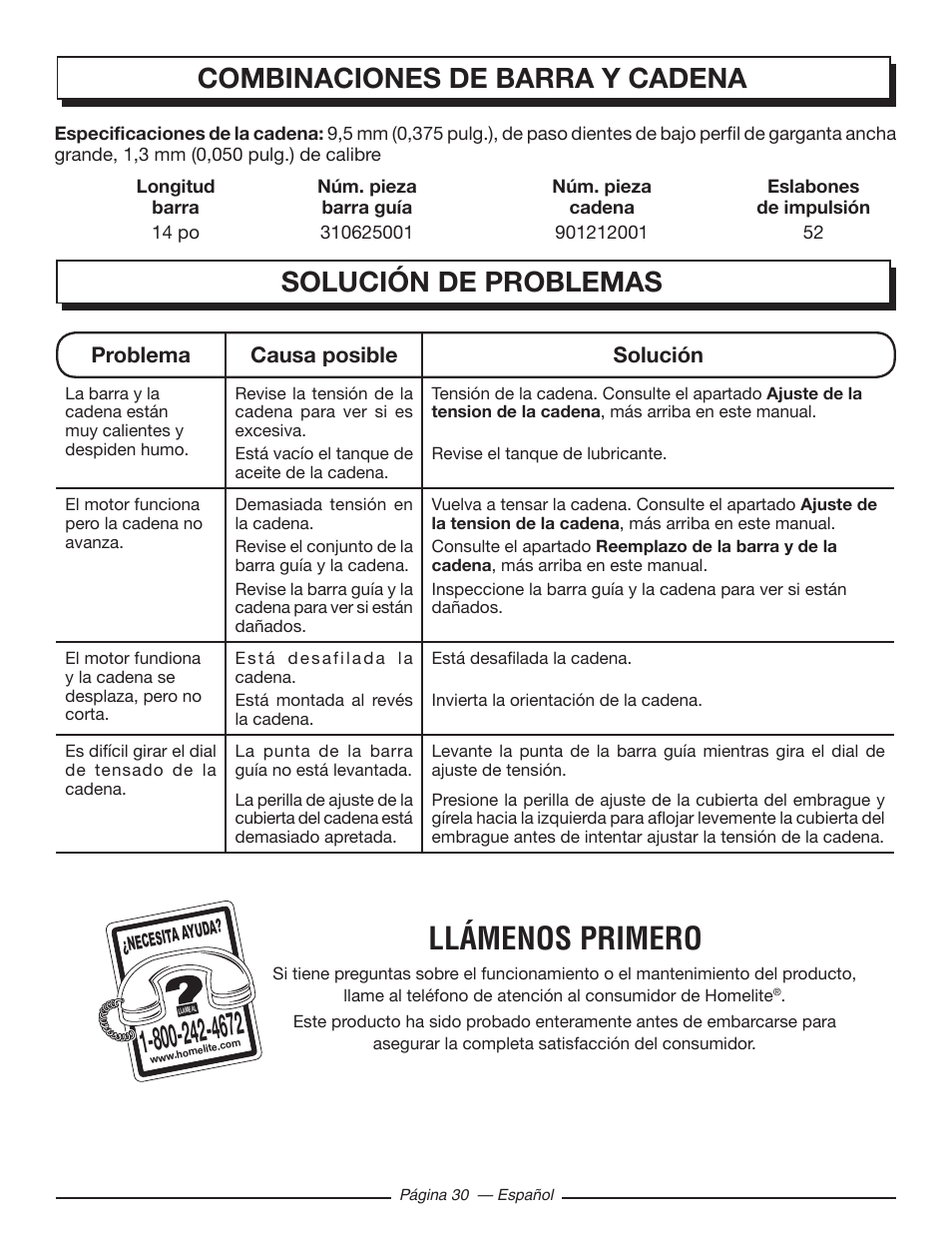 Llámenos primero, Combinaciones de barra y cadena, Solución de problemas | Problema causa posible solución | Homelite UT43103 User Manual | Page 89 / 92