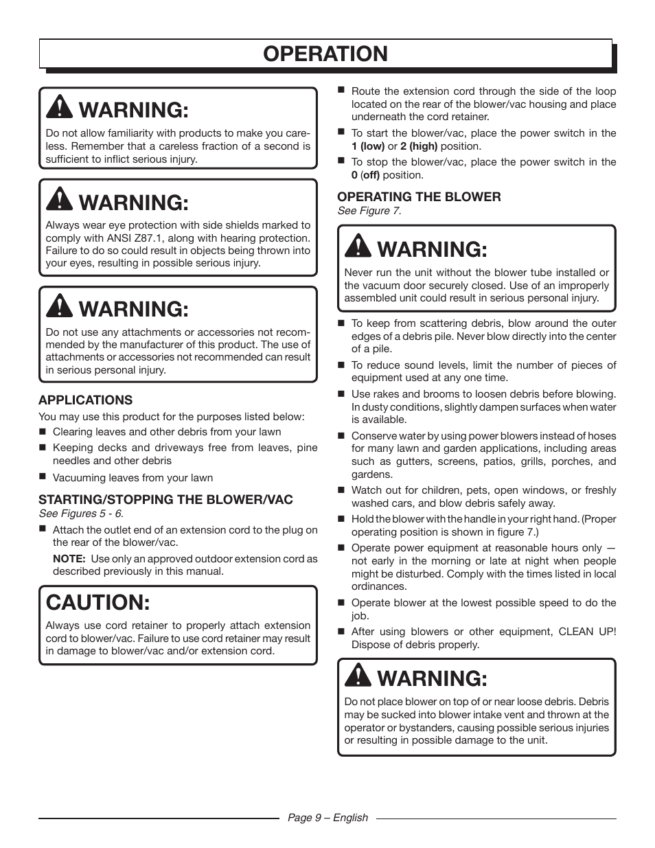 Operation warning, Warning, Caution | Homelite UT42120 User Manual | Page 11 / 38