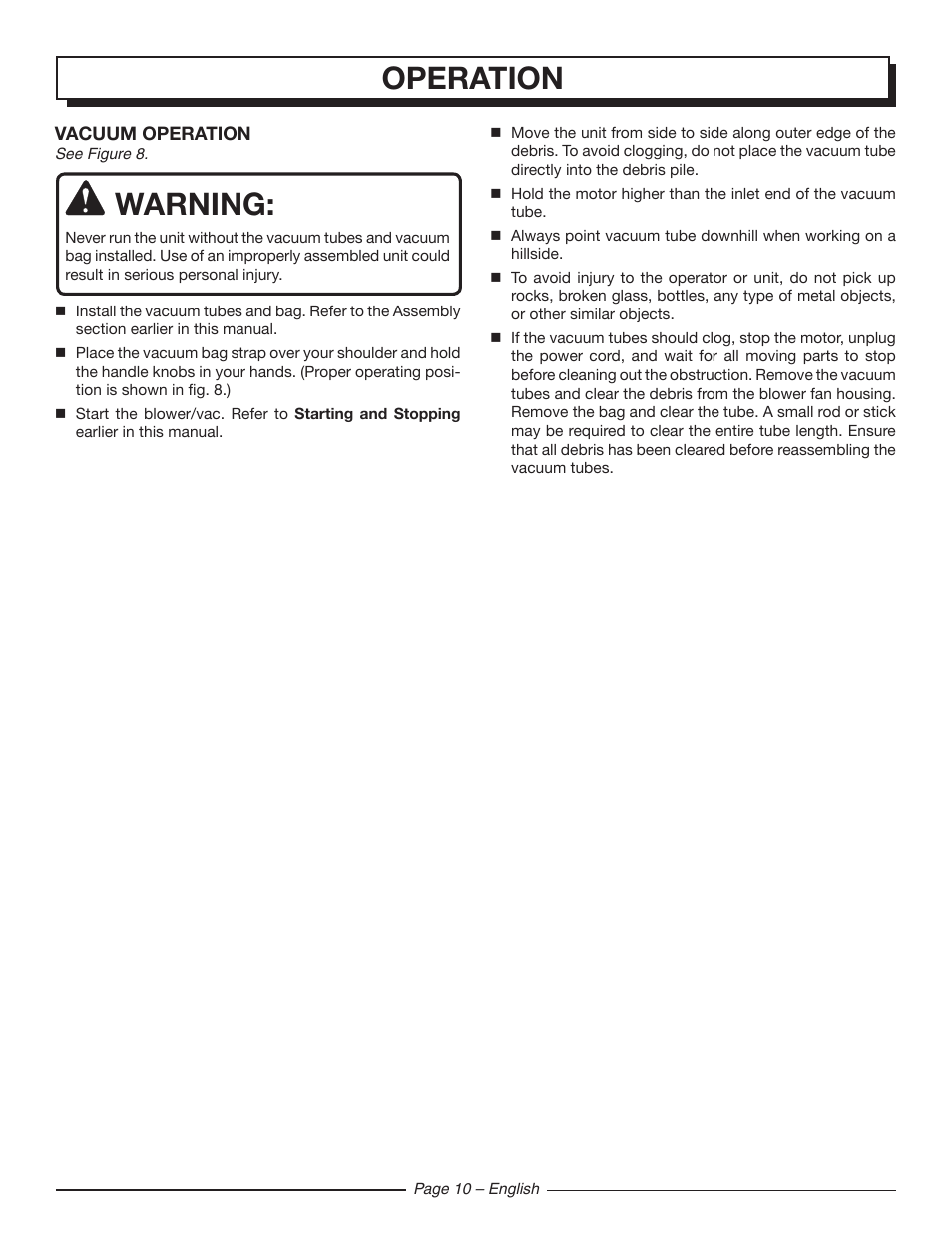 Warning, Operation | Homelite UT42120 User Manual | Page 12 / 38