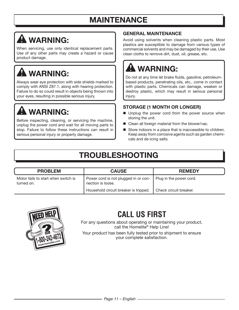 Maintenance warning, Warning, Troubleshooting | Call us first | Homelite UT42120 User Manual | Page 13 / 38