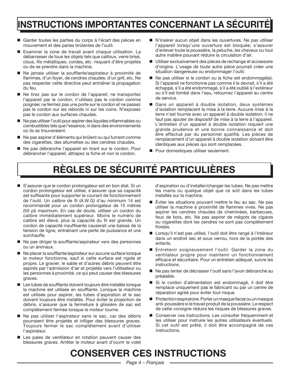 Conserver ces instructions | Homelite UT42120 User Manual | Page 17 / 38