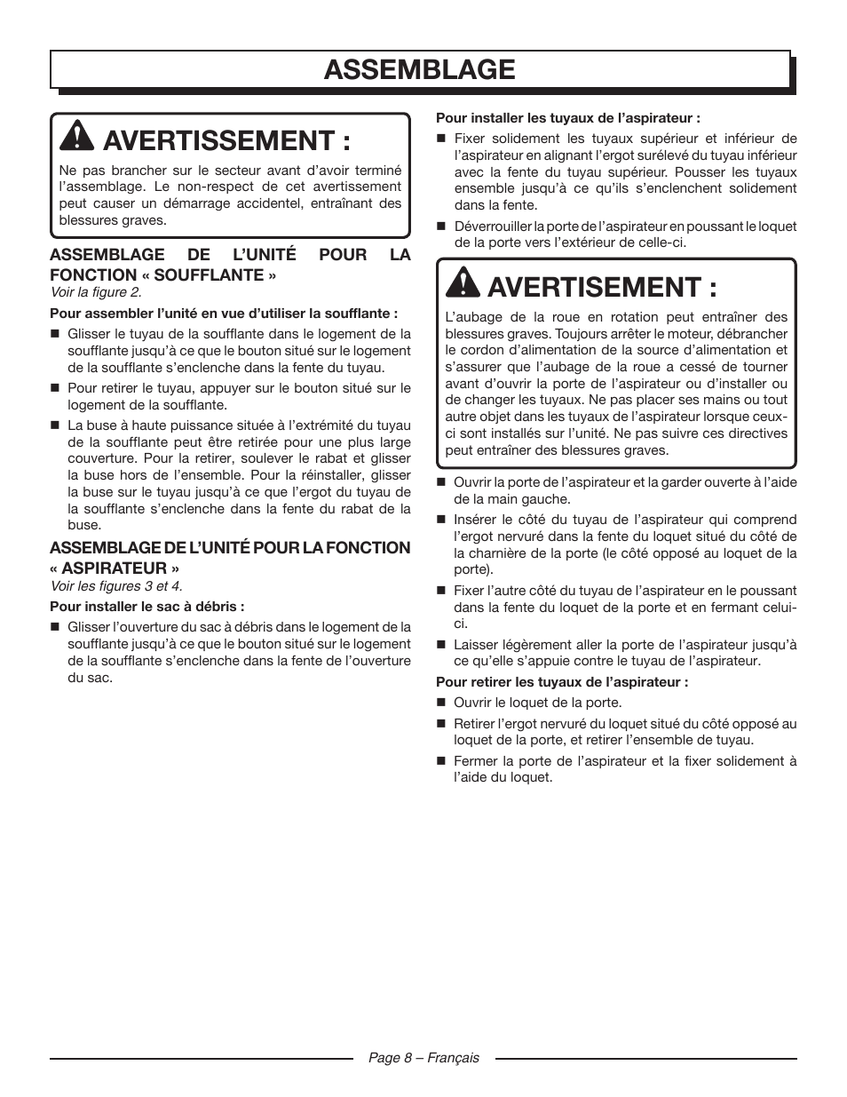 Assemblage avertissement, Avertisement | Homelite UT42120 User Manual | Page 21 / 38