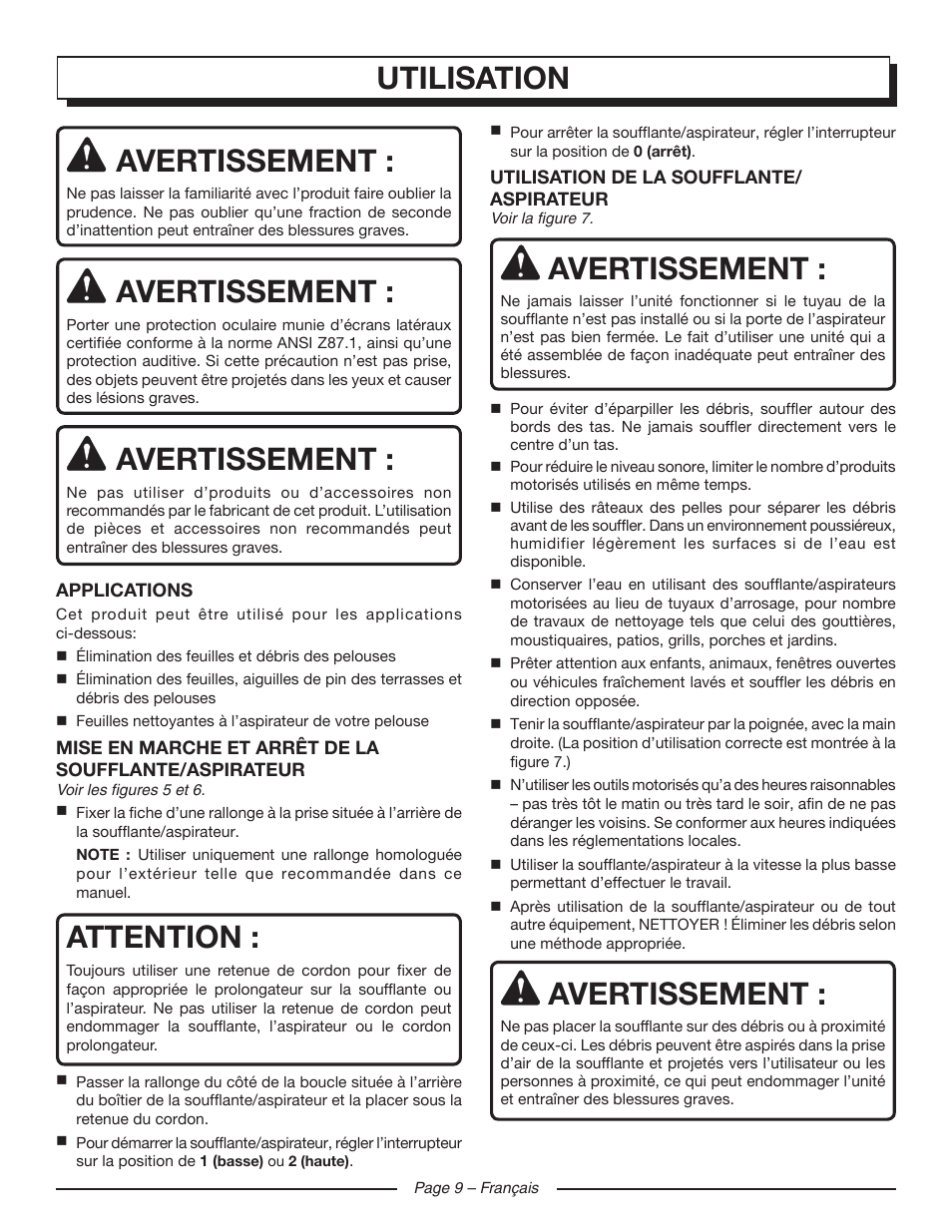 Utilisation avertissement, Avertissement, Attention | Homelite UT42120 User Manual | Page 22 / 38