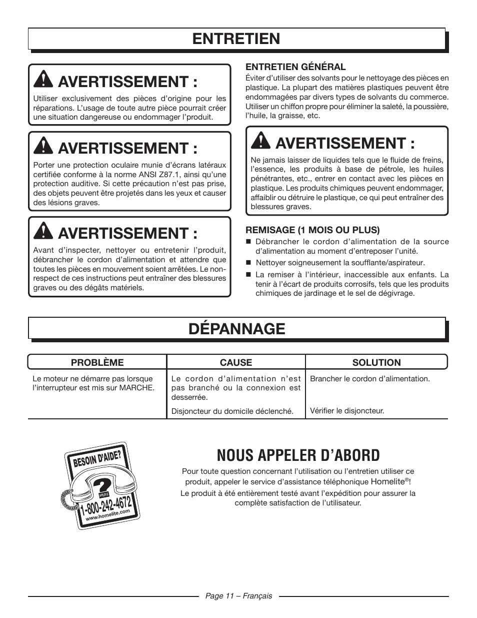 Entretien avertissement, Avertissement, Dépannage | Nous appeler d’abord, Besoin d’aid e | Homelite UT42120 User Manual | Page 24 / 38