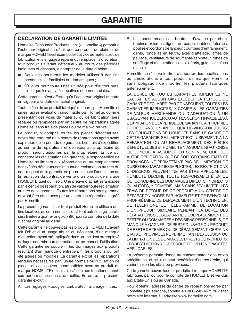 Garantie | Homelite UT42120 User Manual | Page 26 / 38