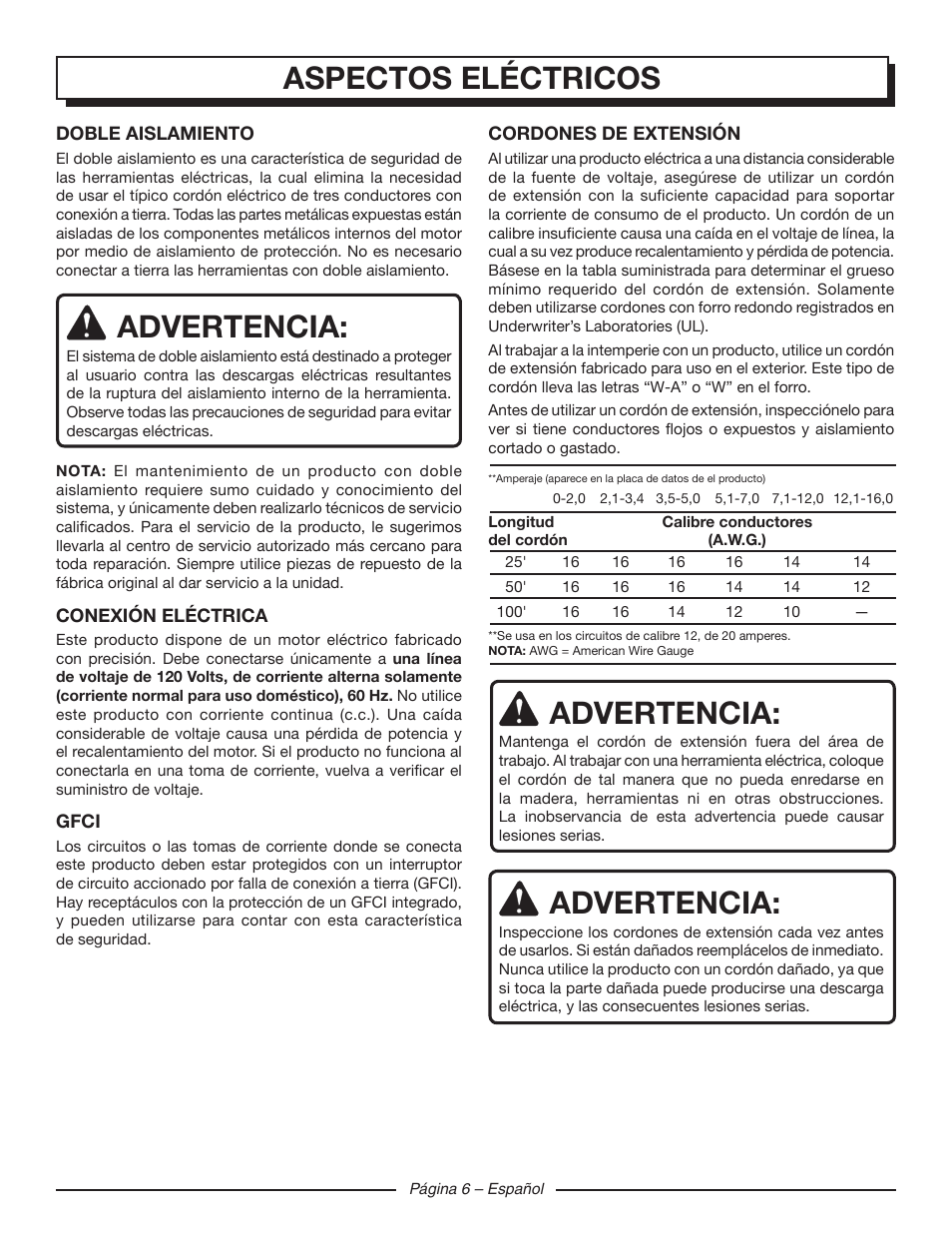 Aspectos eléctricos, Advertencia | Homelite UT42120 User Manual | Page 30 / 38