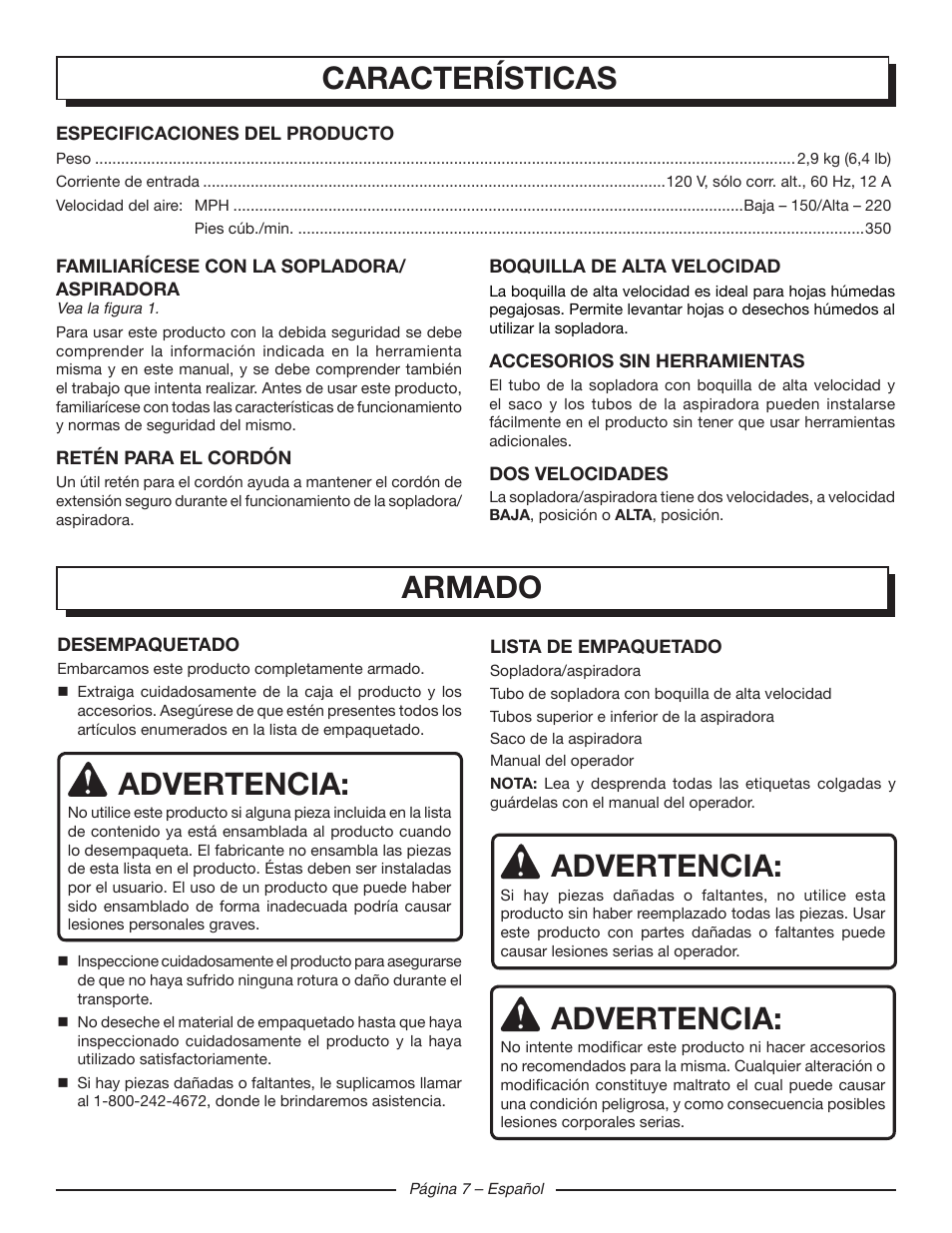 Armado, Advertencia, Características | Homelite UT42120 User Manual | Page 31 / 38