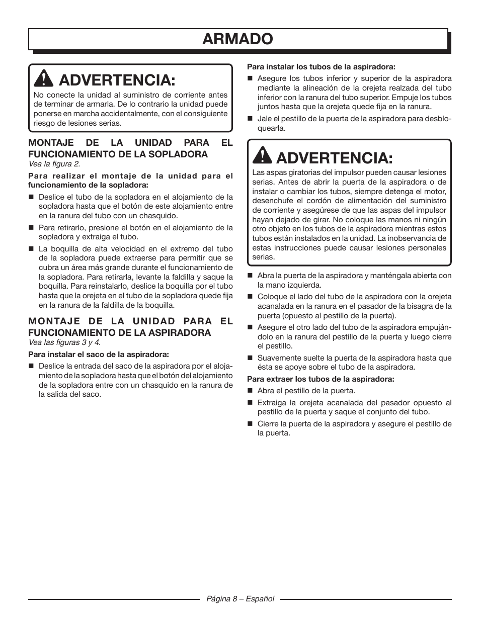 Advertencia, Armado | Homelite UT42120 User Manual | Page 32 / 38