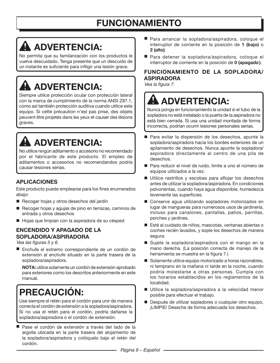 Funcionamiento, Advertencia, Precaución | Homelite UT42120 User Manual | Page 33 / 38