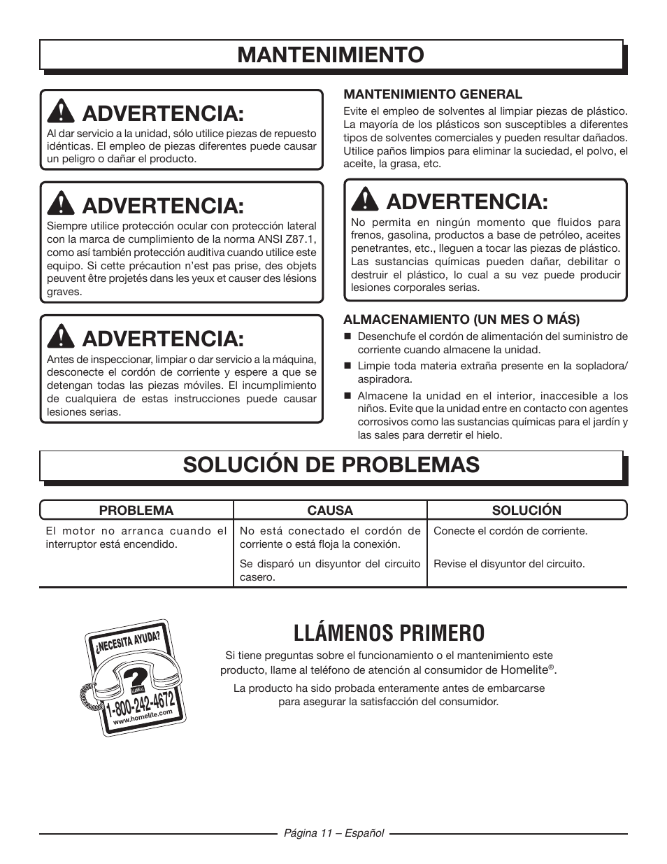 Solución de problemas, Mantenimiento advertencia, Advertencia | Llámenos primero | Homelite UT42120 User Manual | Page 35 / 38