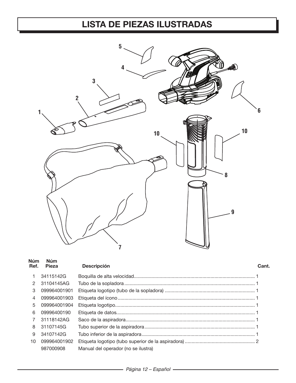 Lista de piezas ilustradas | Homelite UT42120 User Manual | Page 36 / 38