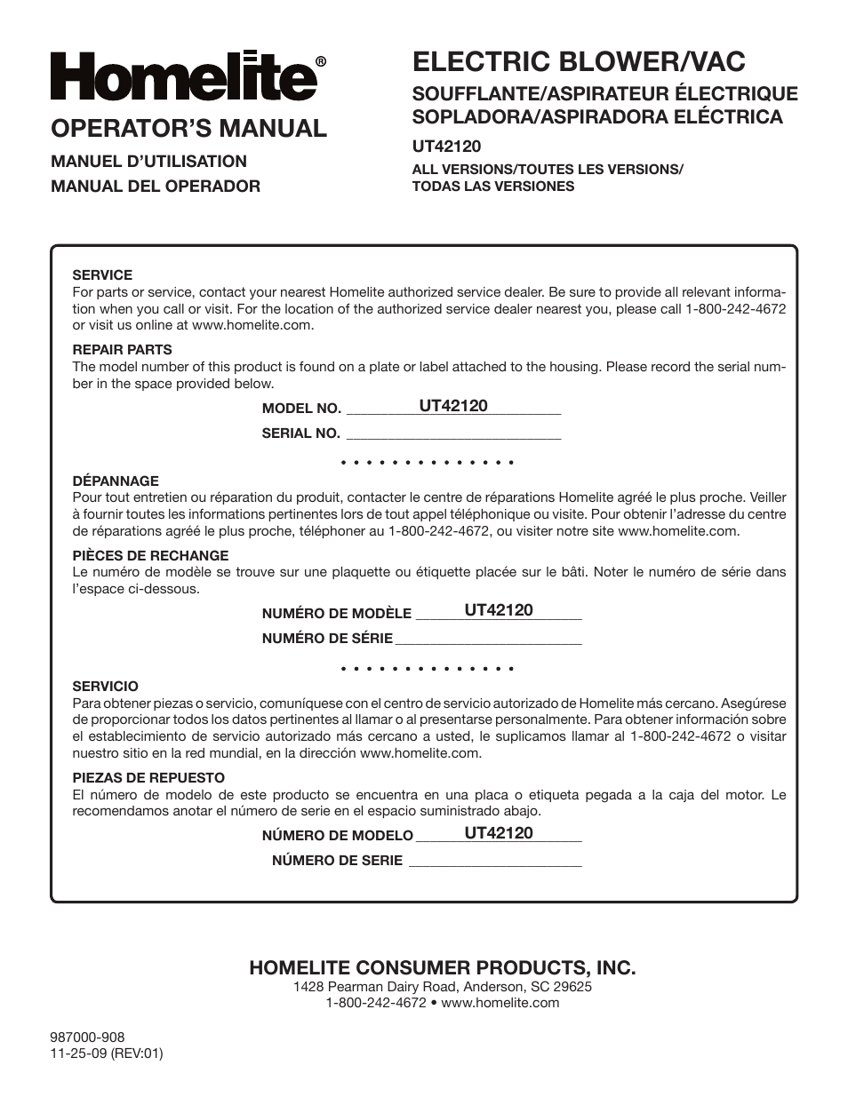 Electric blower/vac, Operator’s manual, Homelite consumer products, inc | Homelite UT42120 User Manual | Page 38 / 38