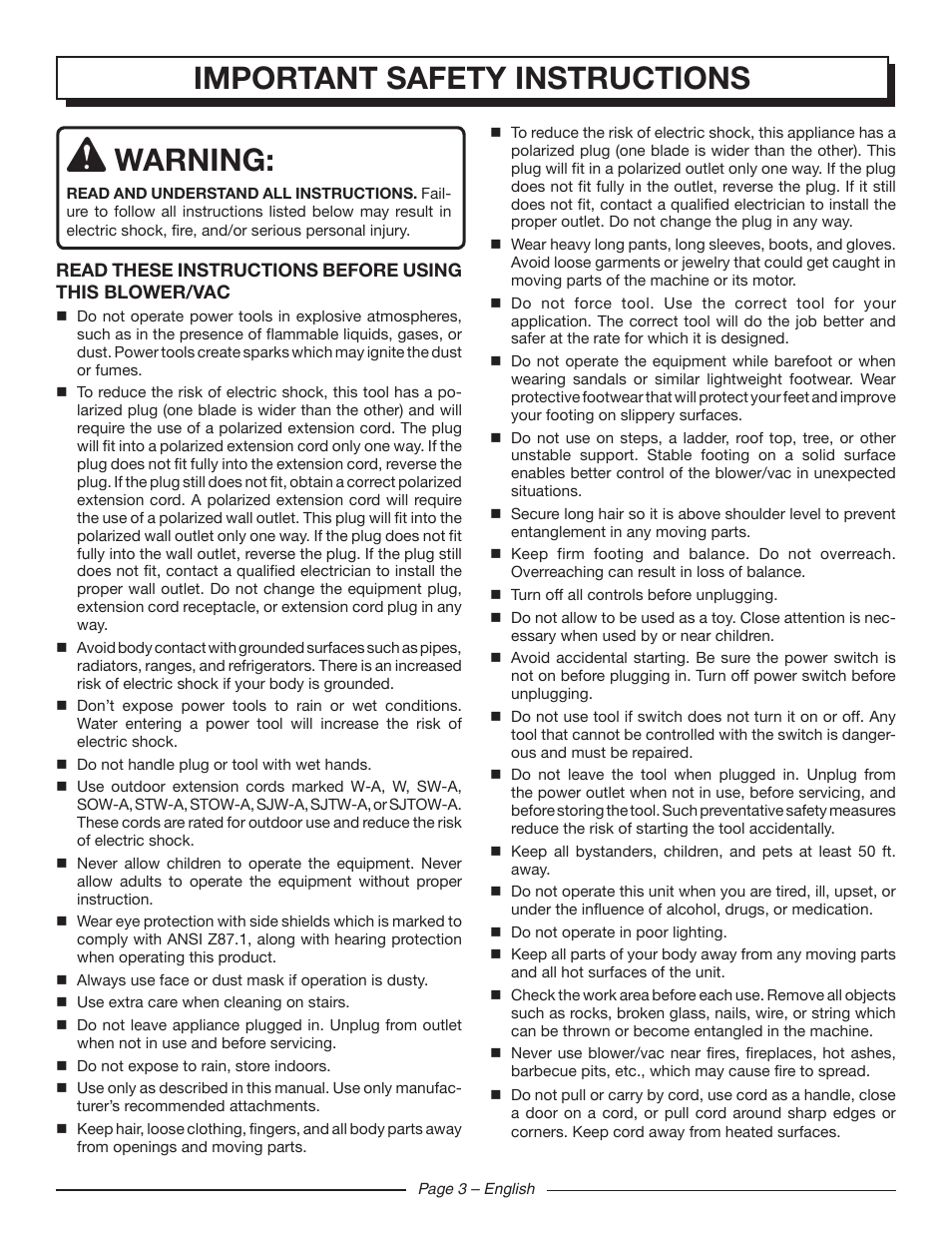 Important safety instructions warning | Homelite UT42120 User Manual | Page 5 / 38