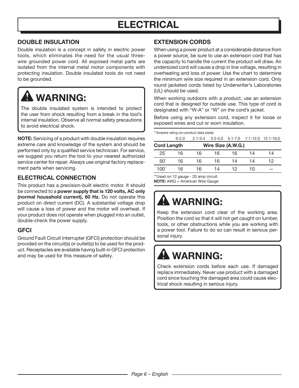 Warning, Electrical | Homelite UT42120 User Manual | Page 8 / 38