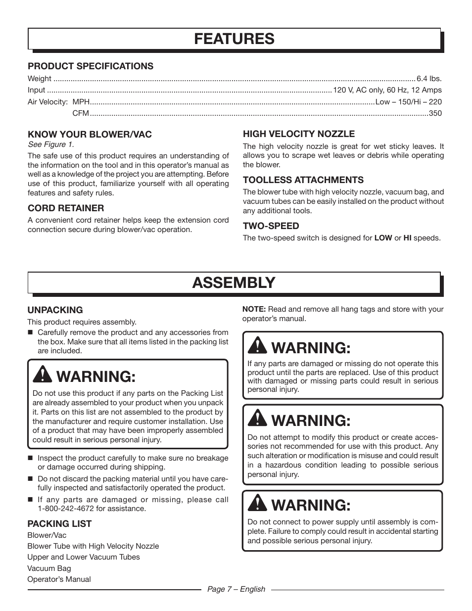 Features, Assembly, Warning | Homelite UT42120 User Manual | Page 9 / 38