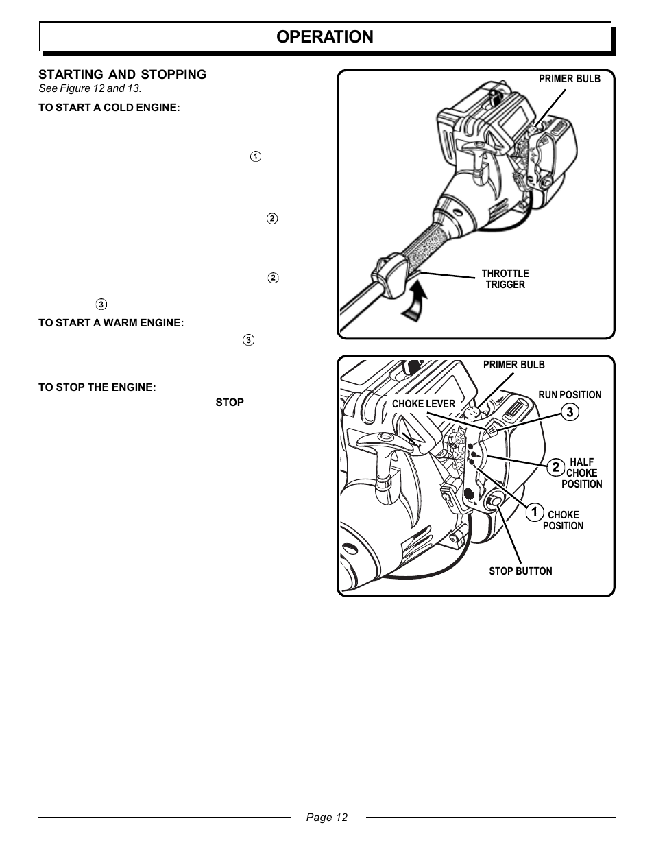 Operation, Starting and stopping | Homelite UT20763 User Manual | Page 12 / 22