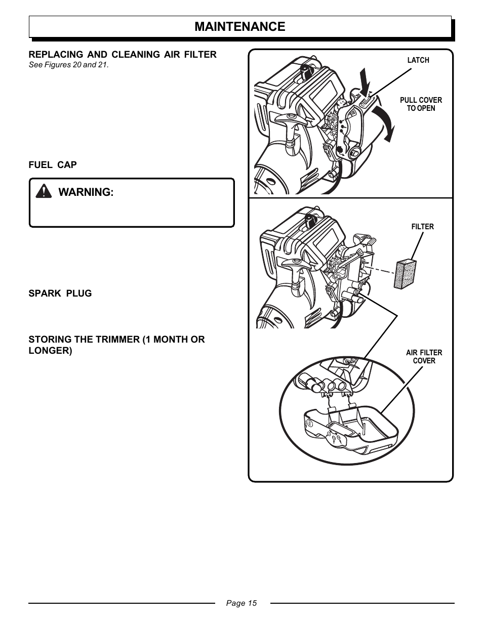 Maintenance, Warning, Spark plug | Storing the trimmer (1 month or longer), Replacing and cleaning air filter, Fuel cap | Homelite UT20763 User Manual | Page 15 / 22