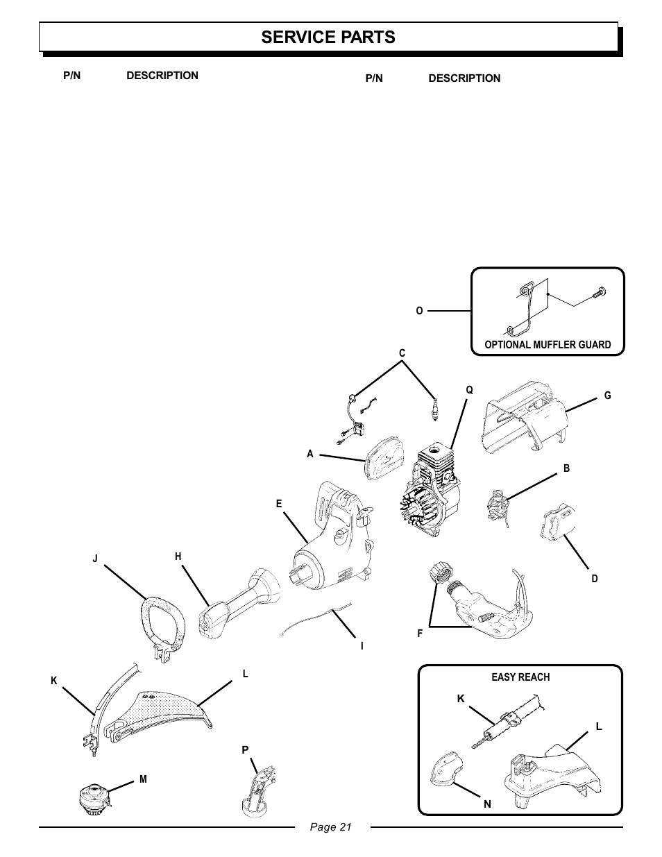 Service parts | Homelite UT20763 User Manual | Page 21 / 22