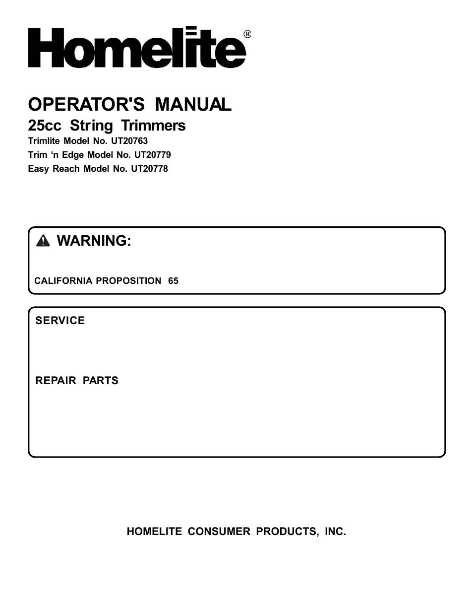 Operator's manual, 25cc string trimmers, Warning | Homelite UT20763 User Manual | Page 22 / 22