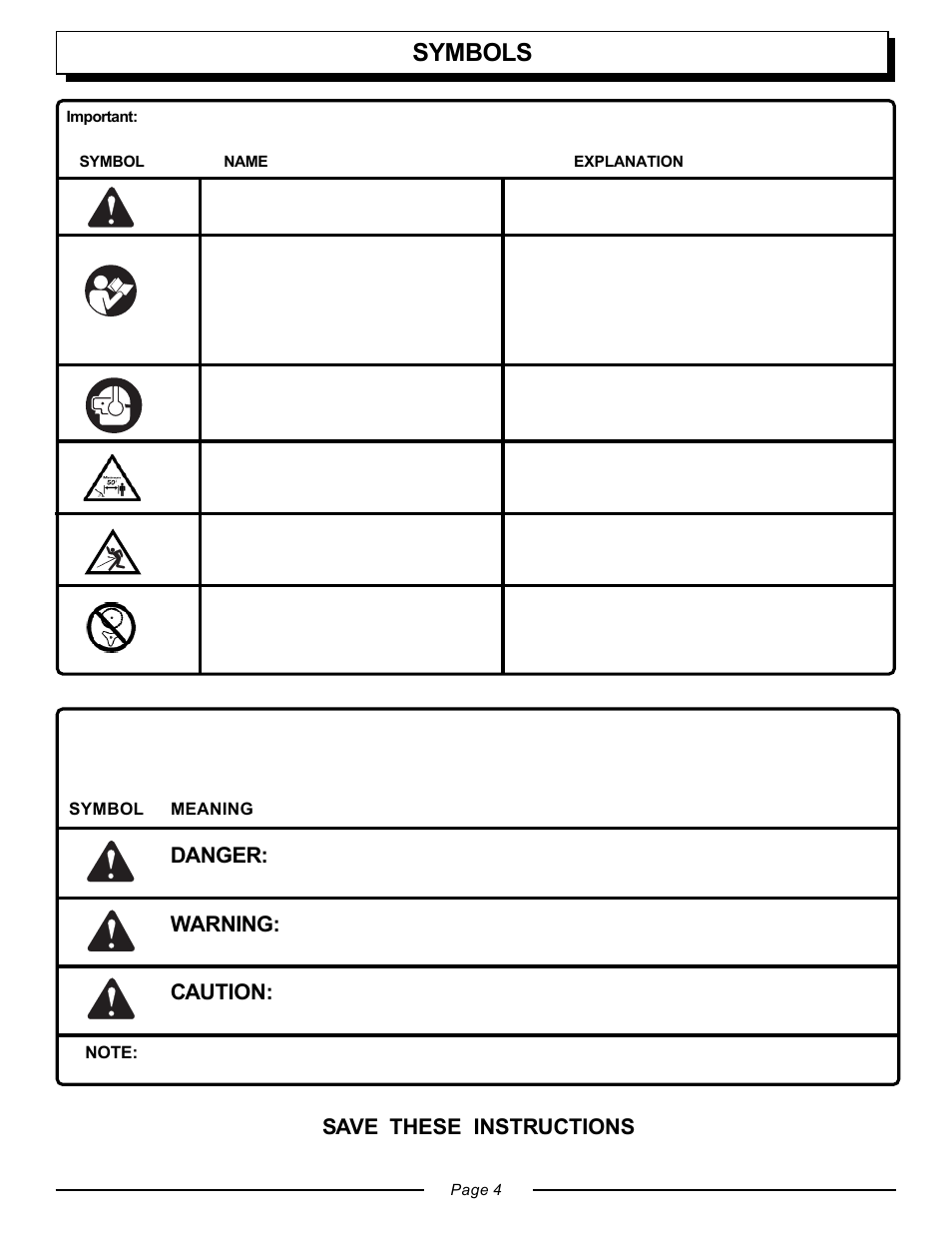 Symbols, Danger, Warning | Caution, Save these instructions | Homelite UT20763 User Manual | Page 4 / 22