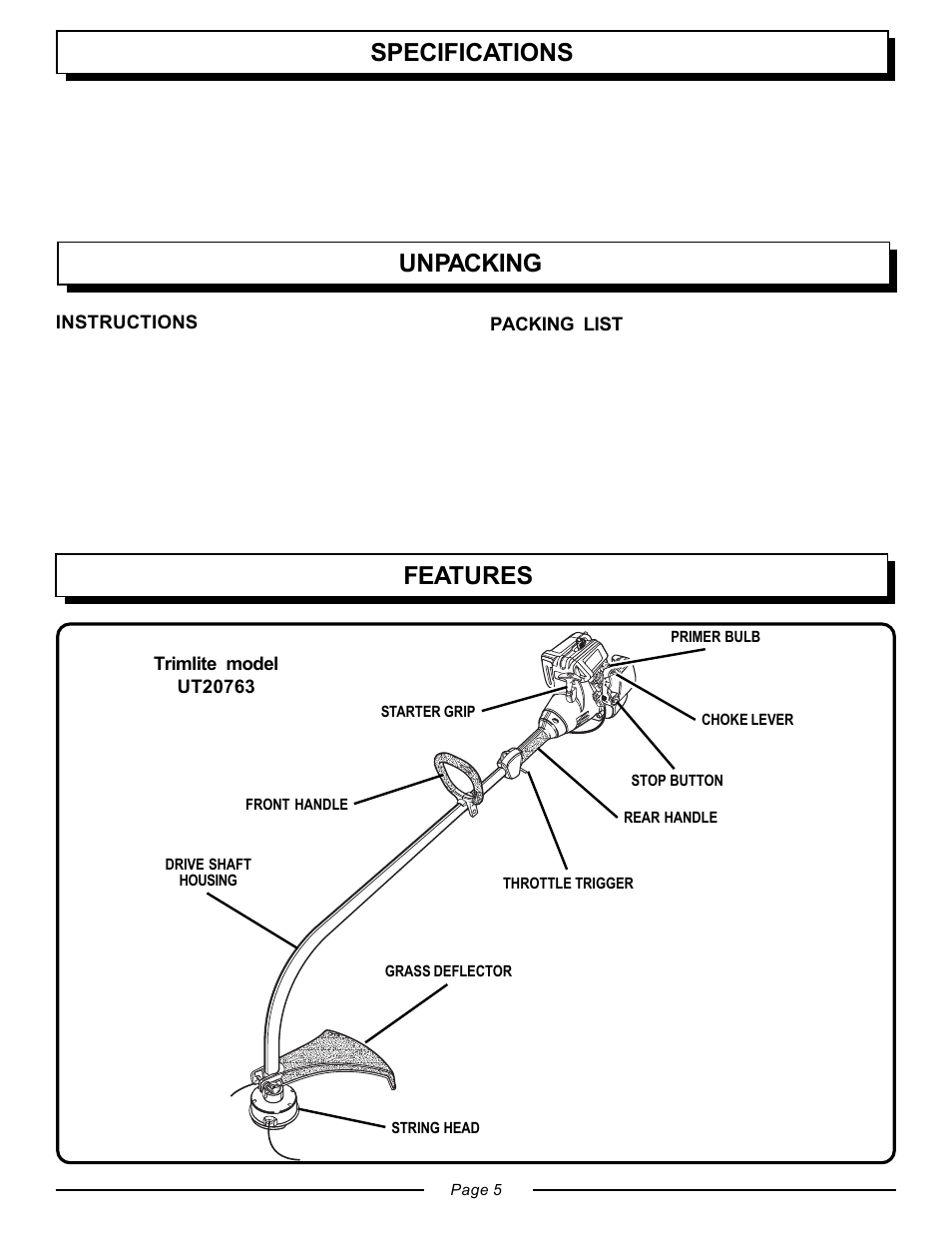 Features specifications features, Features unpacking | Homelite UT20763 User Manual | Page 5 / 22