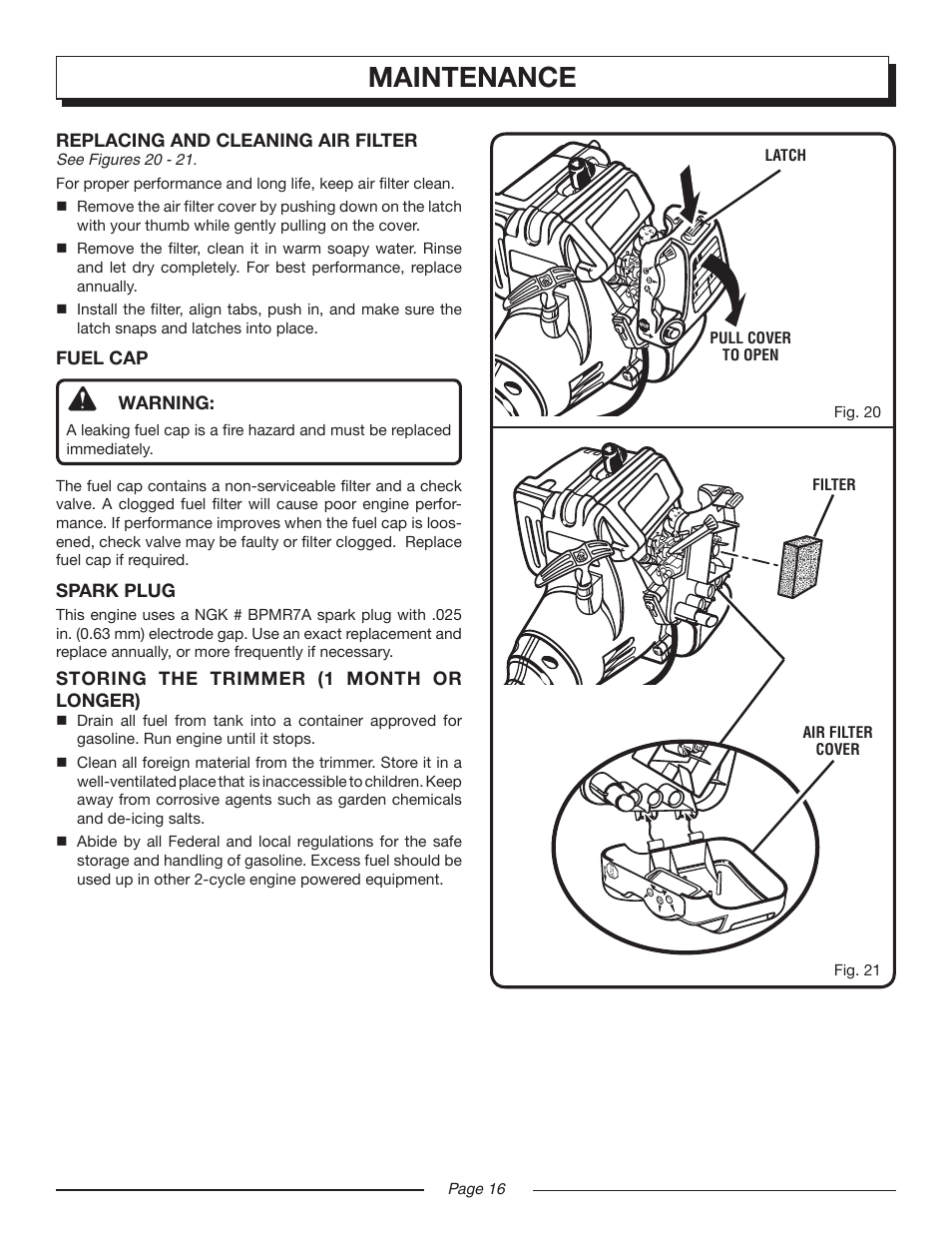 Maintenance, Replacing and cleaning air filter, Fuel cap warning | Spark plug, Storing the trimmer (1 month or longer) | Homelite EASY REACH UT20024B User Manual | Page 16 / 22