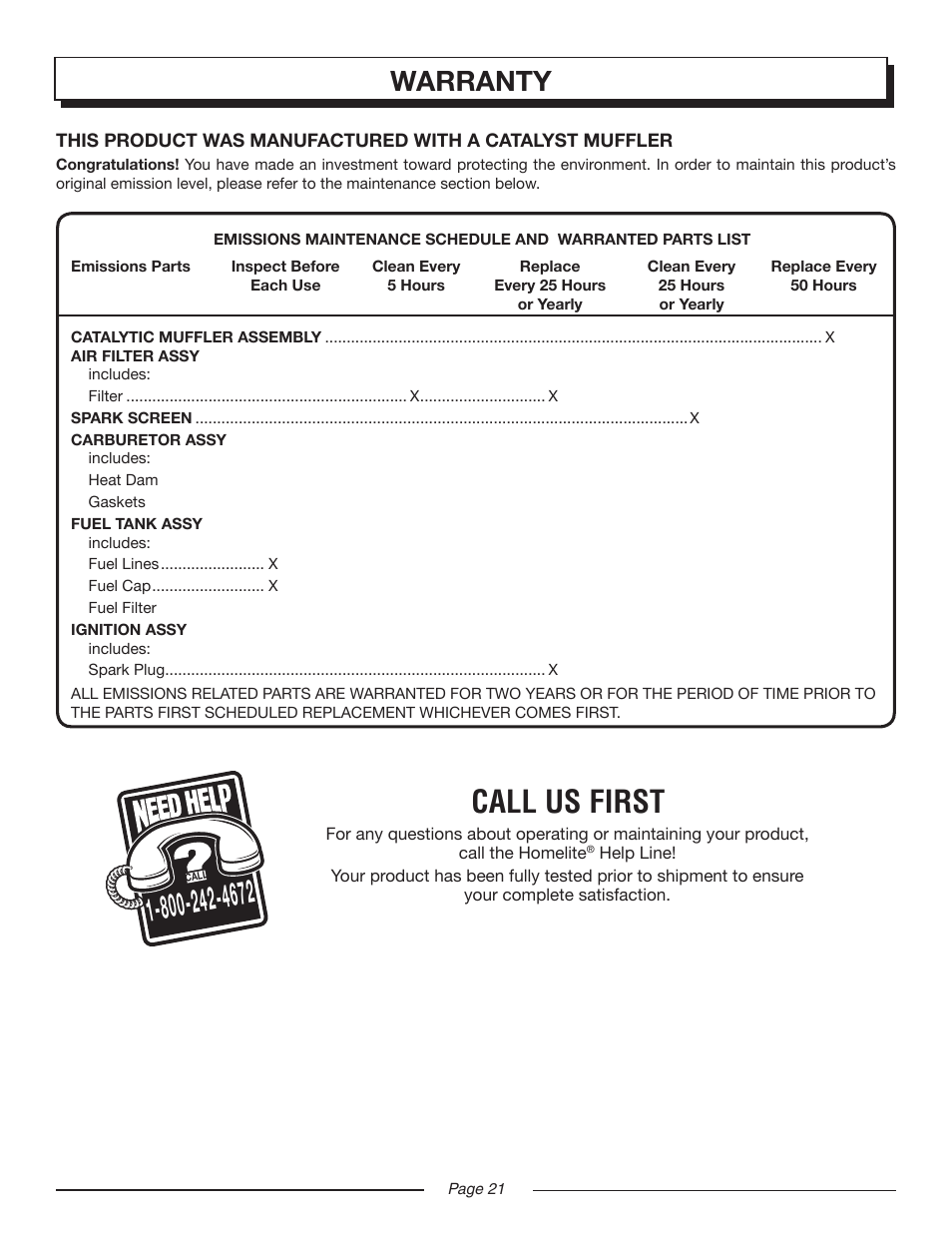 Call us first, Warranty | Homelite EASY REACH UT20024B User Manual | Page 21 / 22