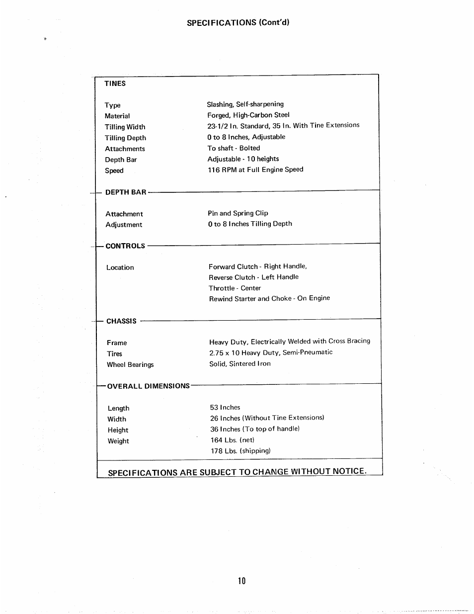 Specifications (cont'd) | Homelite 8H.P User Manual | Page 11 / 17