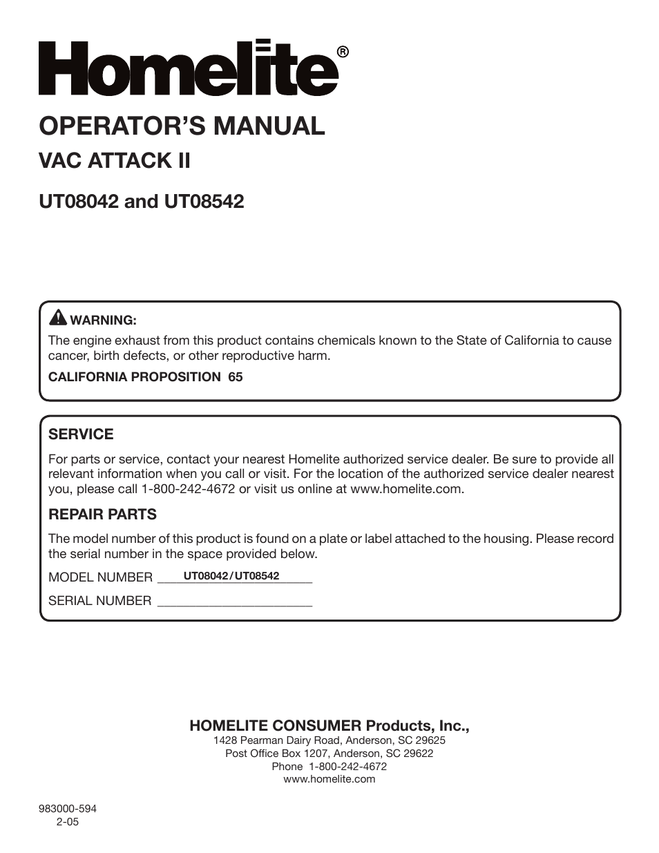 Operator’s manual, Vac attack ii | Homelite VAC ATTACK II UT08542 User Manual | Page 22 / 22