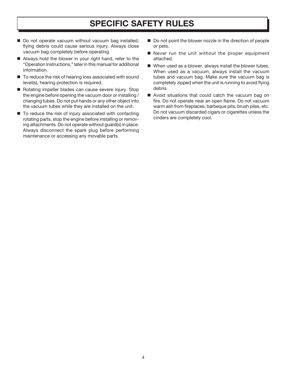 Specific safety rules | Homelite VAC ATTACK II UT08542 User Manual | Page 4 / 22