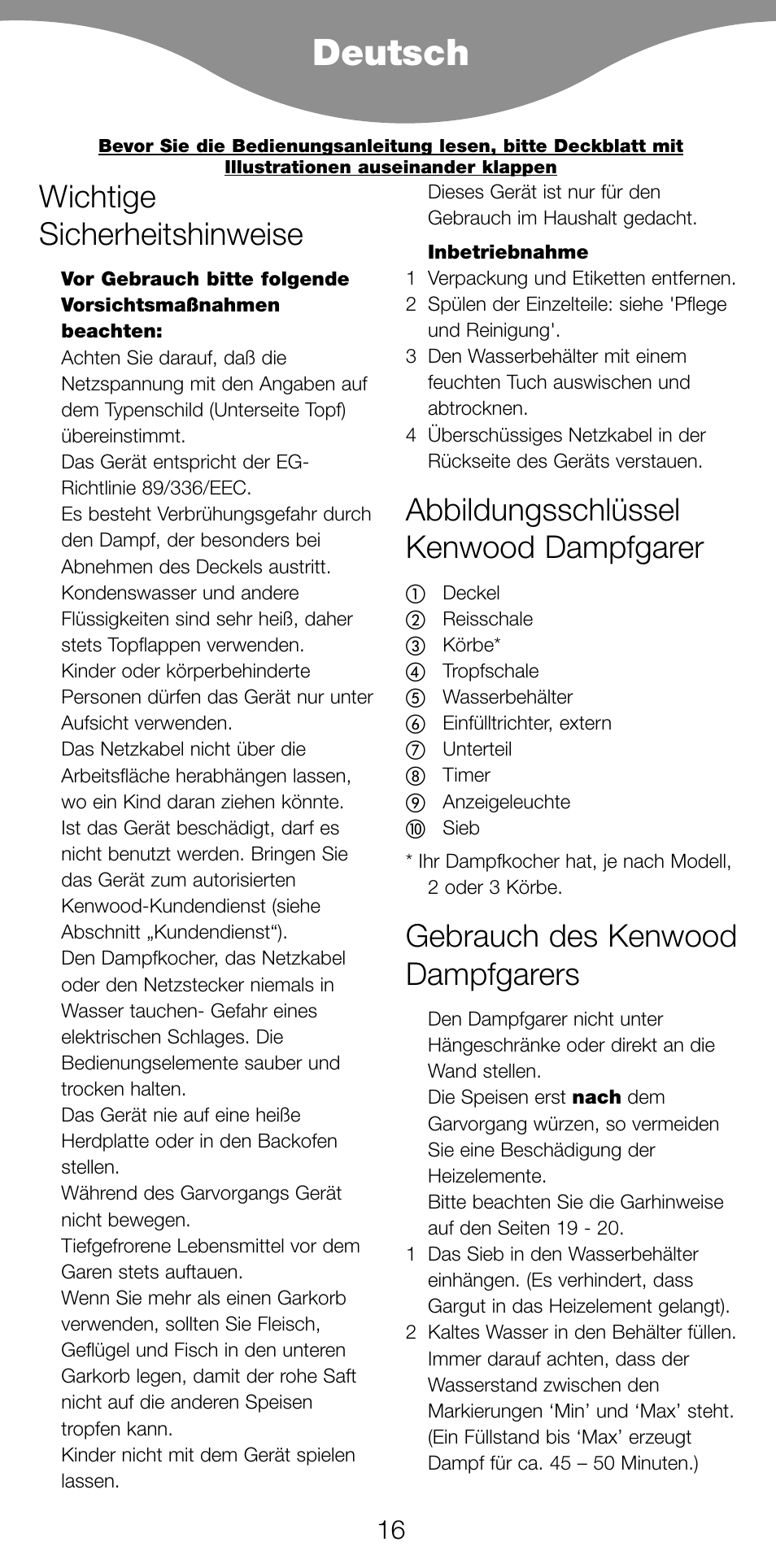 Deutsch, Wichtige sicherheitshinweise, Abbildungsschlüssel kenwood dampfgarer | Gebrauch des kenwood dampfgarers | Kenwood FS360 User Manual | Page 18 / 91