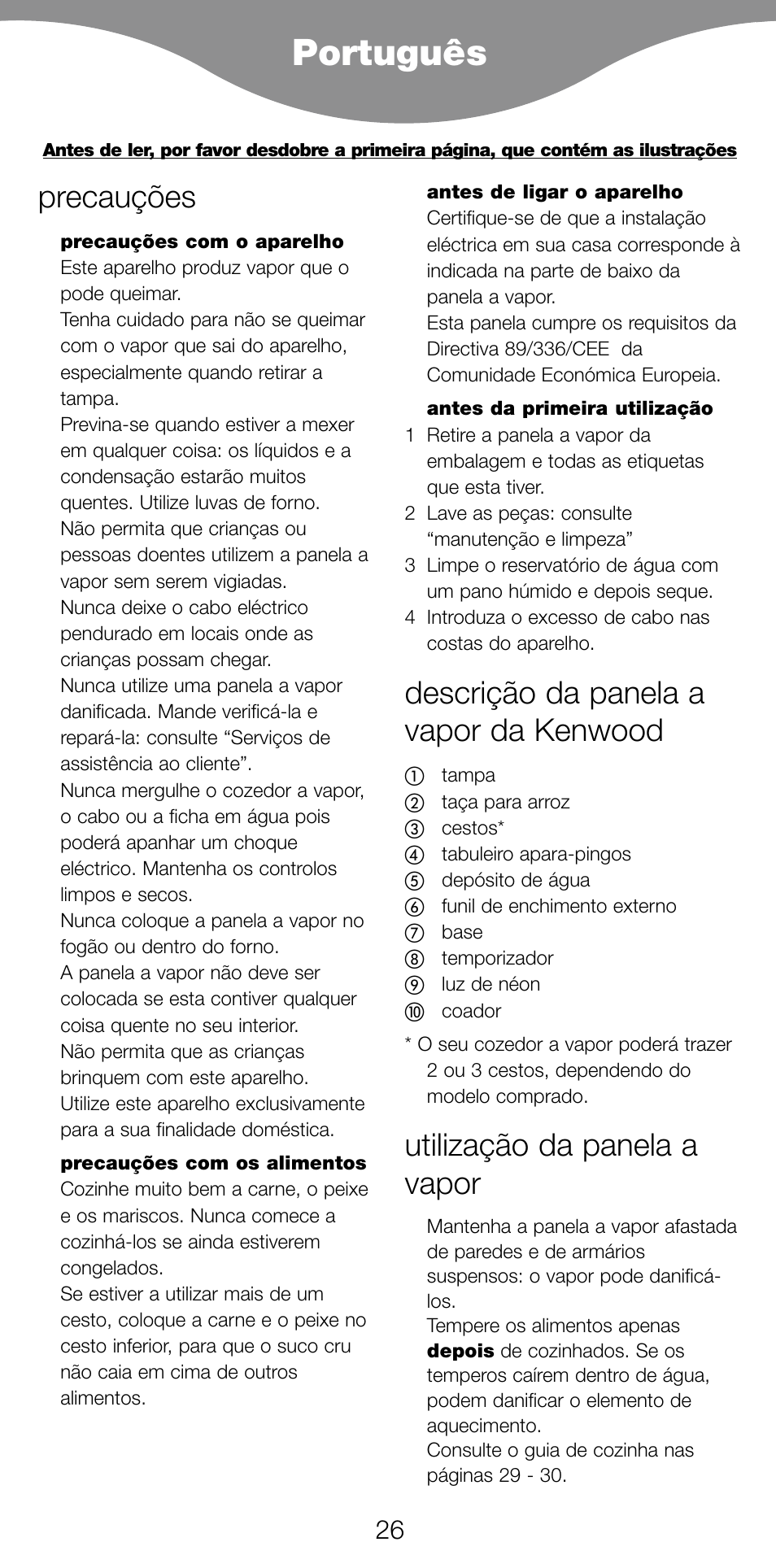 Português, Precauções, Descrição da panela a vapor da kenwood | Utilização da panela a vapor | Kenwood FS360 User Manual | Page 28 / 91