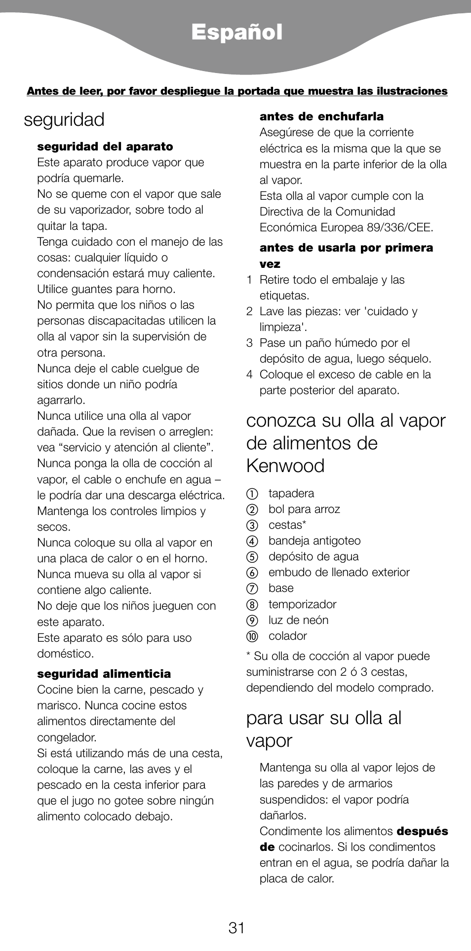 Español, Seguridad, Conozca su olla al vapor de alimentos de kenwood | Para usar su olla al vapor | Kenwood FS360 User Manual | Page 33 / 91