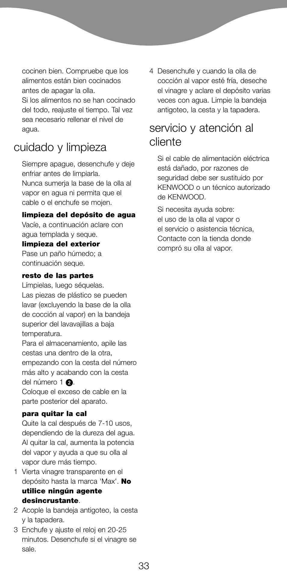 Cuidado y limpieza, Servicio y atención al cliente | Kenwood FS360 User Manual | Page 35 / 91