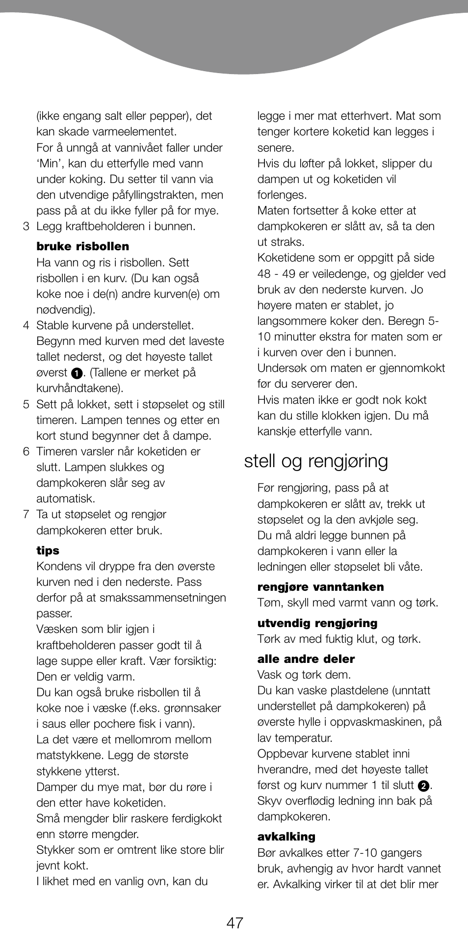 Stell og rengjøring | Kenwood FS360 User Manual | Page 49 / 91