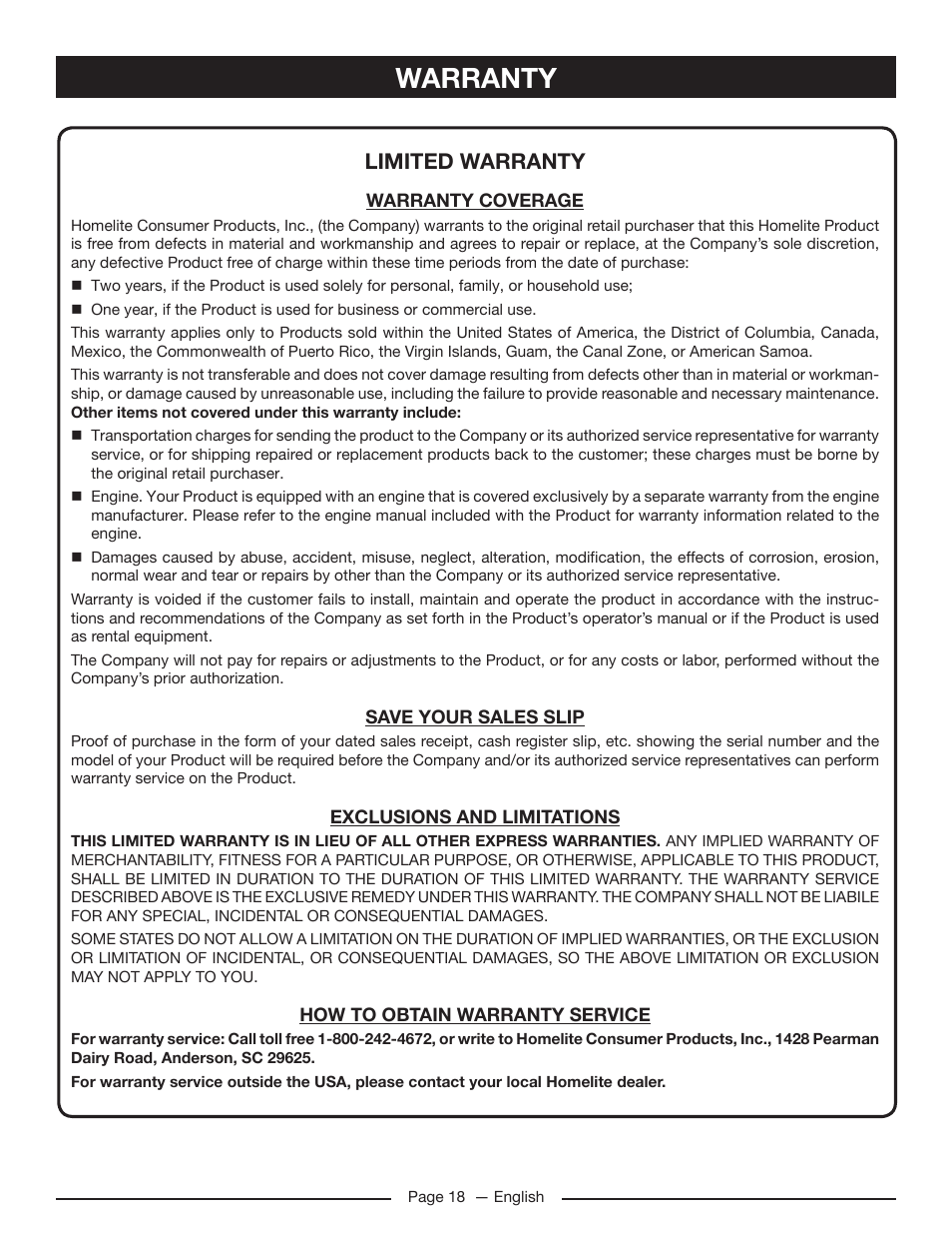 Warranty, Limited warranty | Homelite HG5022P User Manual | Page 22 / 60