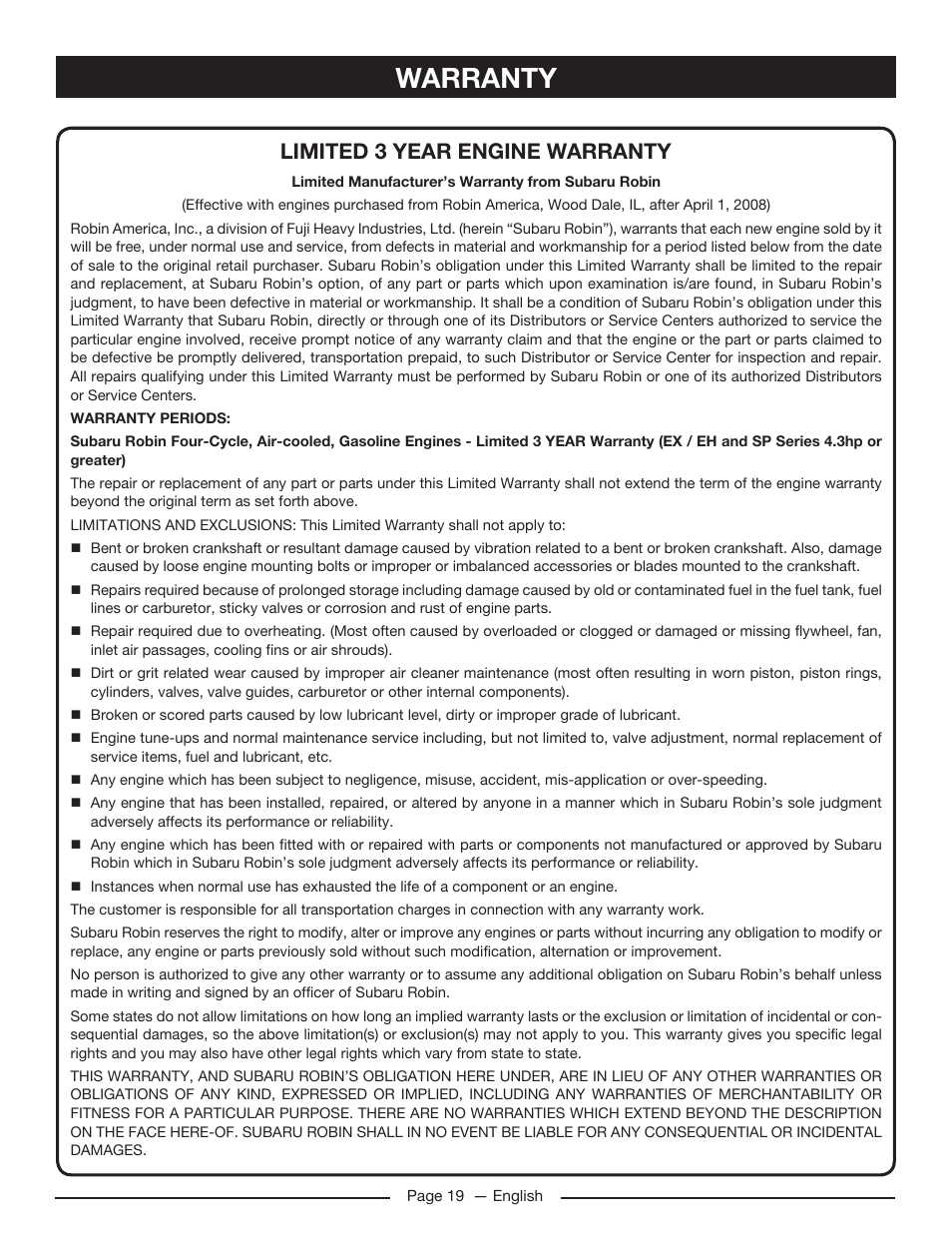 Warranty, Limited 3 year engine warranty | Homelite HG5022P User Manual | Page 23 / 60